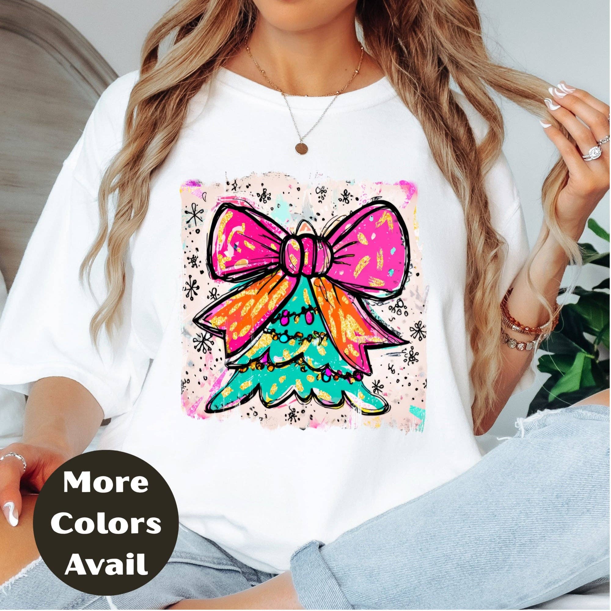 Epic Life  - Designed – wholesale Screen printed t-shirt – Women′s – Bright Bow Christmas Tree Shirt – Neon Holiday Tee S-4XL – Colorful Festive Christmas Top – Funky Tree Shirt – Multiple Colors4