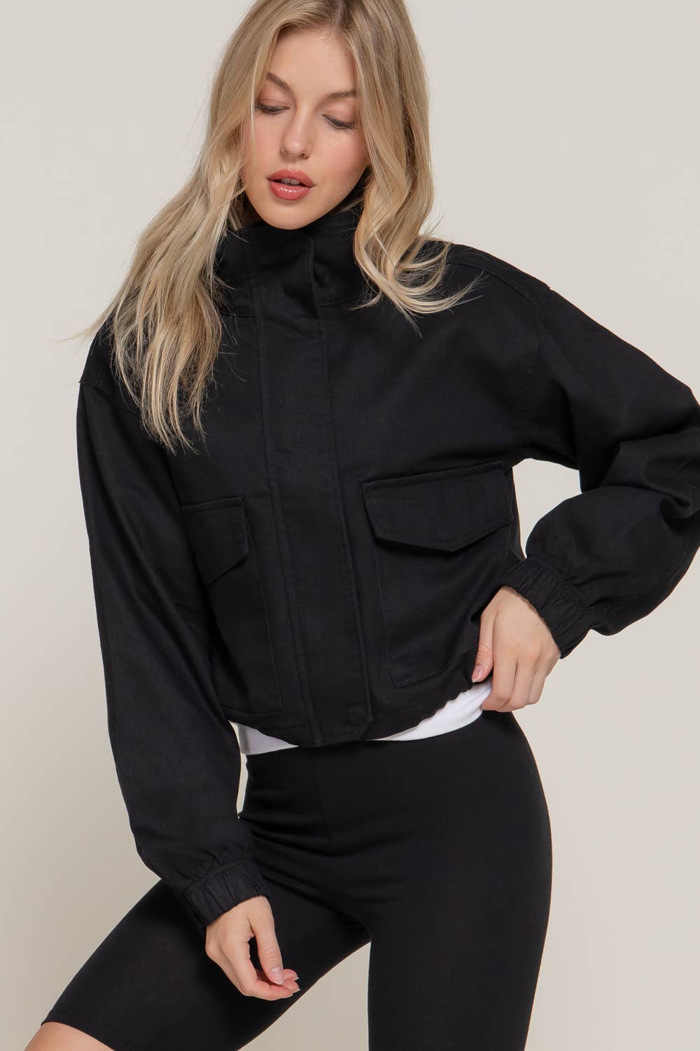 Active Basic | Active USA – wholesale Jacket – Women's – Long Sleeve High Neck Zip Up Short Twill Jacket2