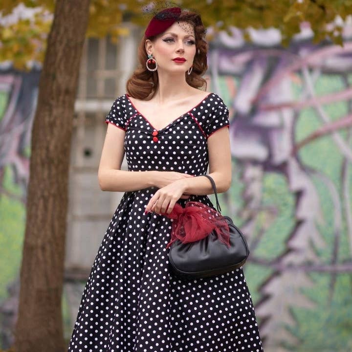 Diner Diva Off Shoulder Flared Dress in Black & White Polka for wholesale by Dolly & Dotty