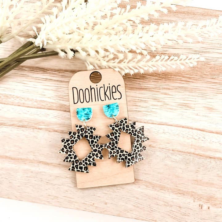 Doohickies - Wholesale Dangle Earrings - Turquoise and Shiny Leopard Aztec Acrylic Dangle Western Earrings