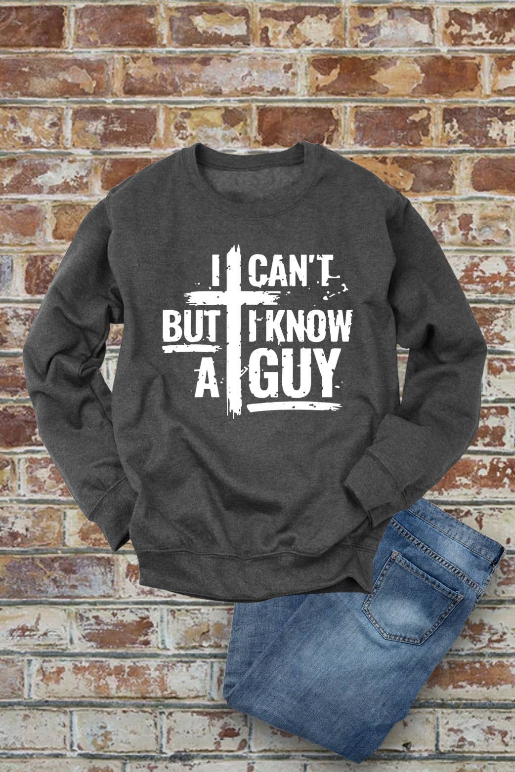 Top Avenue - Wholesale Graphic Sweatshirt - Women's - I Cant But I Know A Guy Distressed Cross, Unisex Crewneck Sweatshirt2