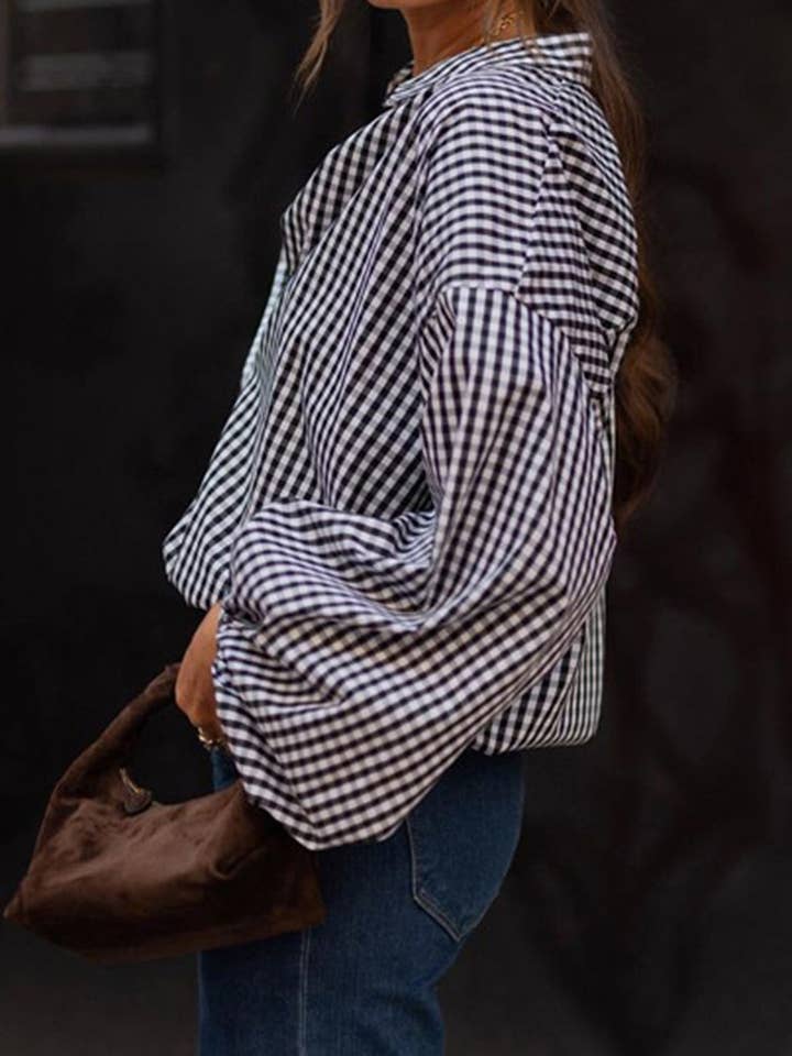 BLACK Puff Sleeve Gingham Top for wholesale on Faire13