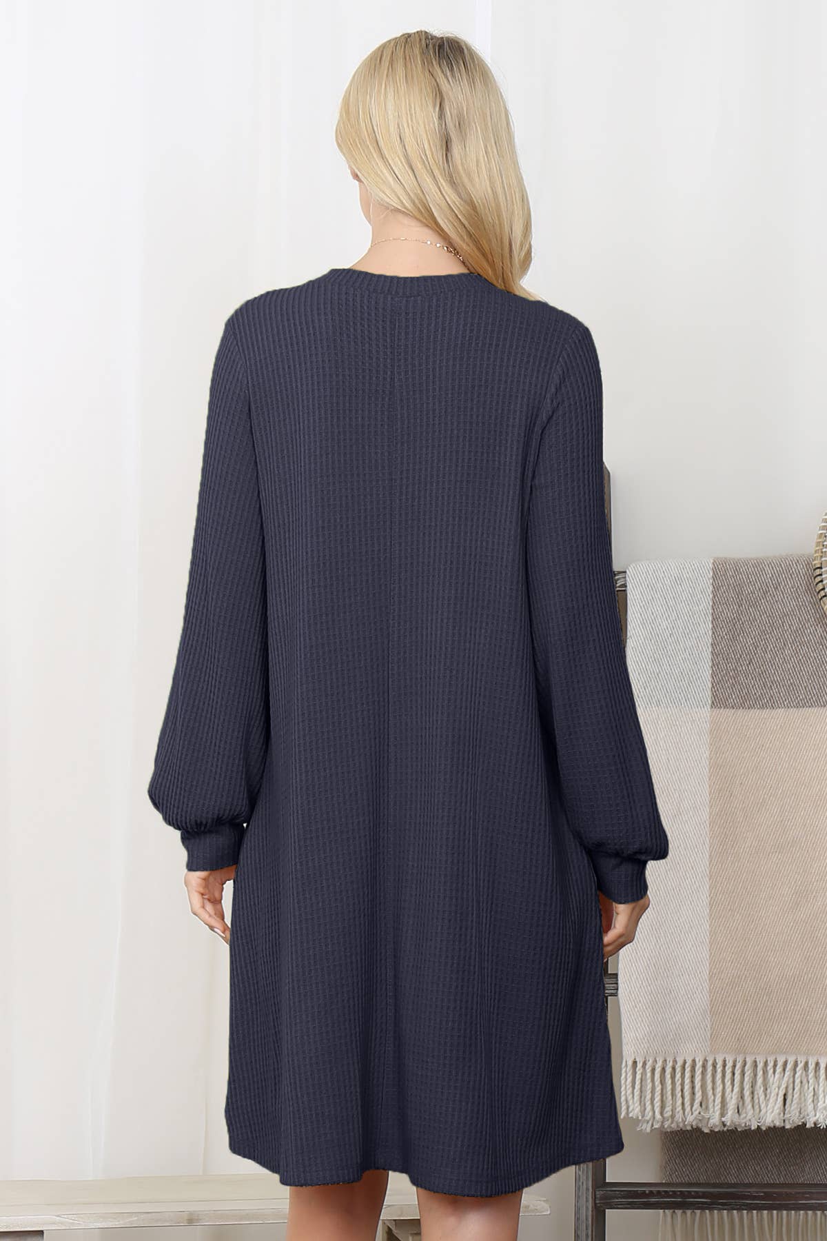 You & Me - Wholesale Dress - Women's - YMD10051V-BRUSHED WAFFLE BUBBLE SLEEVE POCKET DRESS25