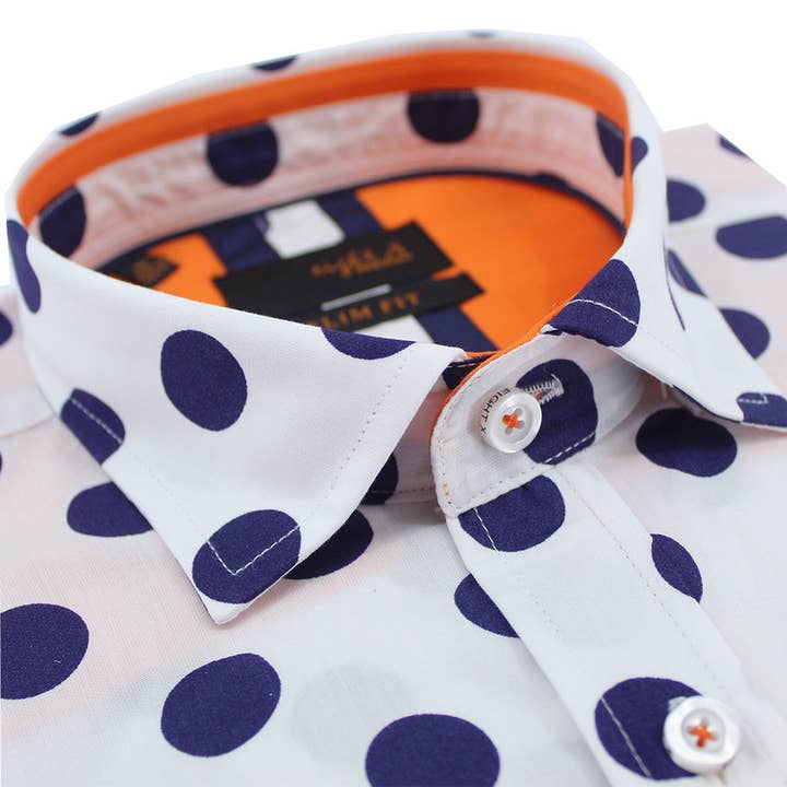 Jet Blue Polka Dot Print Shirt with Orange Trim for wholesale by EIGHT X