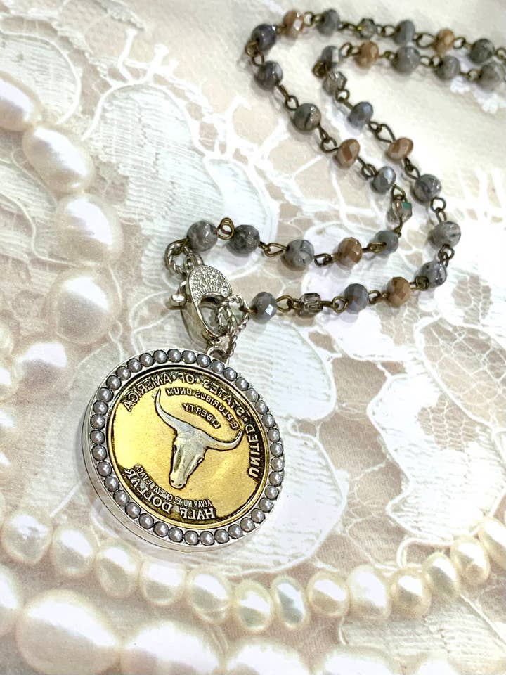 Longhorn Vintage Silver Pearl Gemstone Coin Necklace for wholesale by The Charming Bar & Vintage Coin