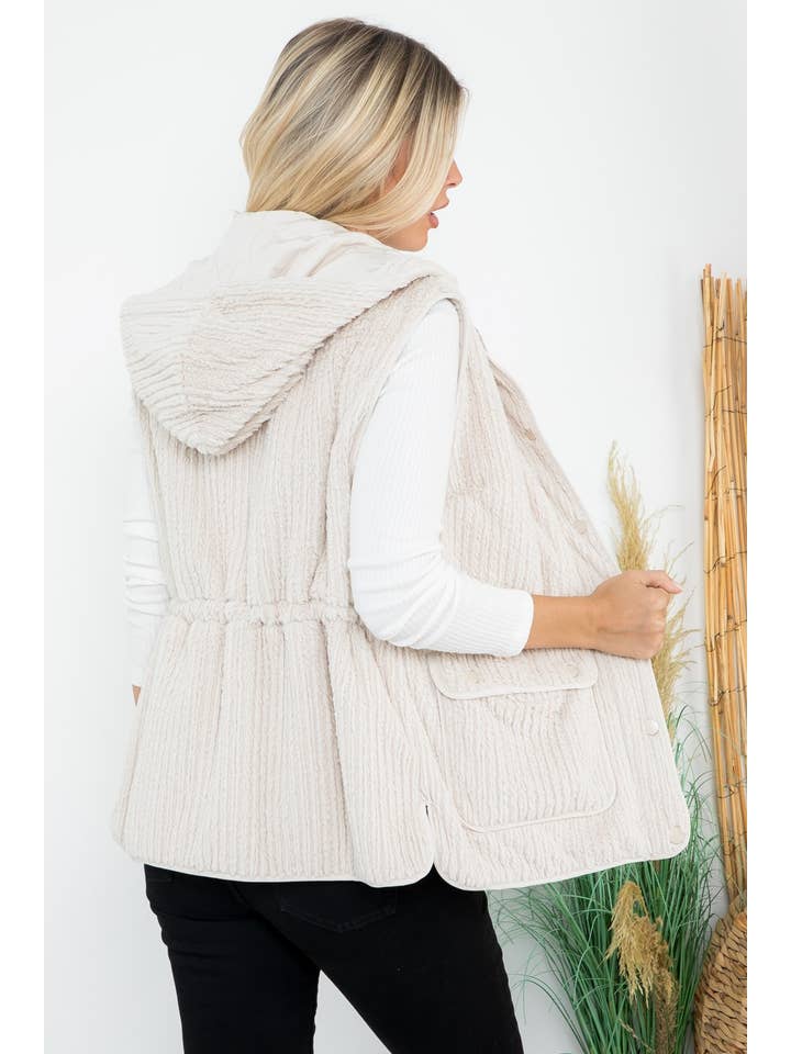 Lt Tan Textured Faux Fur Quilted Line Hoodie Vest for wholesale on Faire