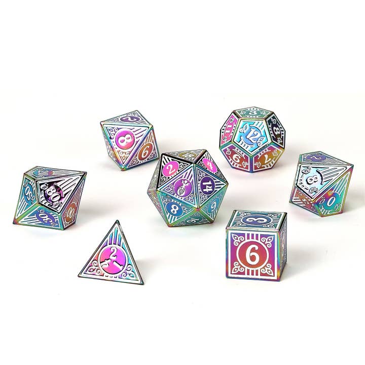 Hymgho Premium Dice - Wholesale Dice - Solid Metal Bard RPG Dice Set - Rainbow w/White2