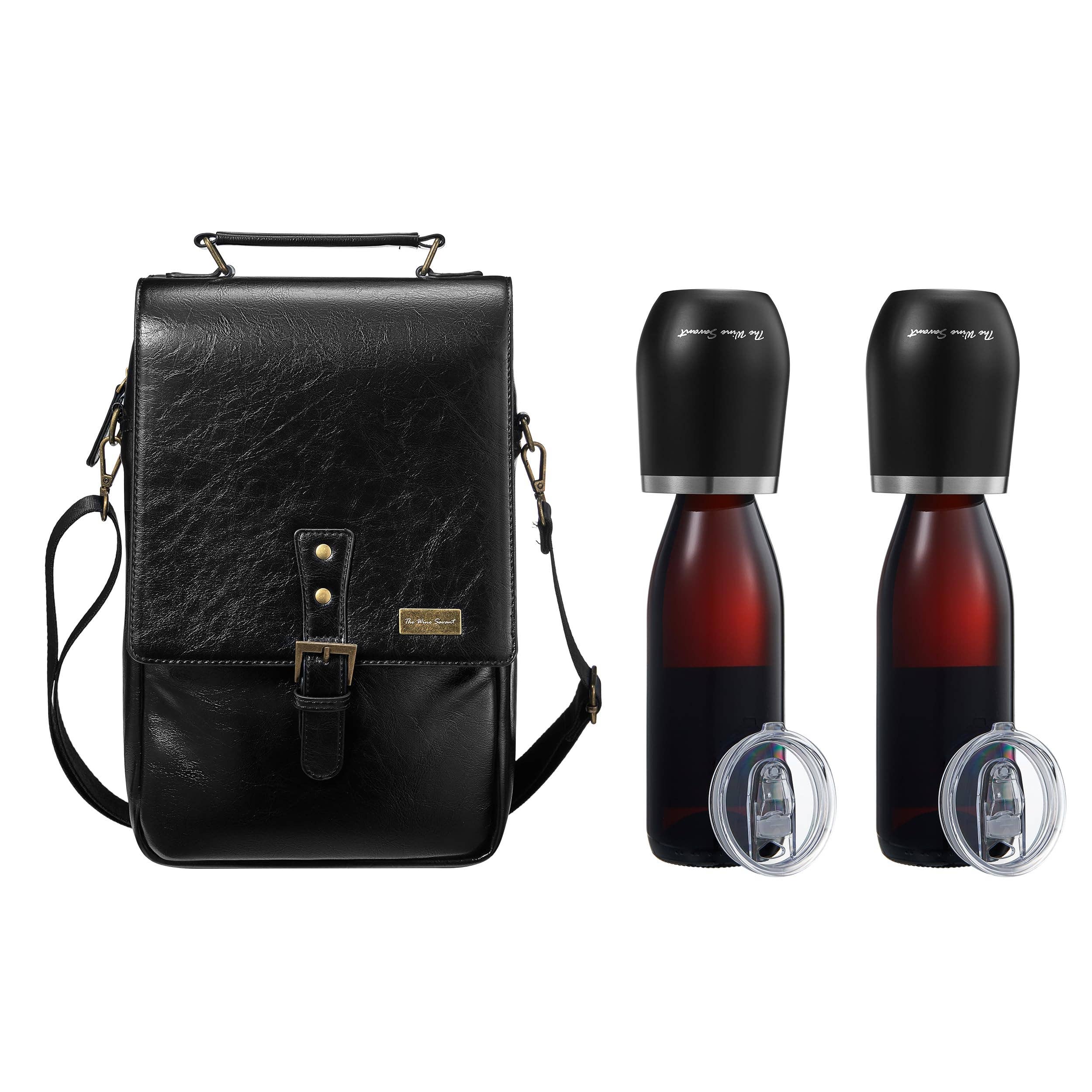 The Wine Savant /  Khen Glassware - Vente Sacs pour bouteilles de vin - Sac porte-bouteilles en cuir pour 3 bouteilles avec gobelets et ouvre-bouteille6