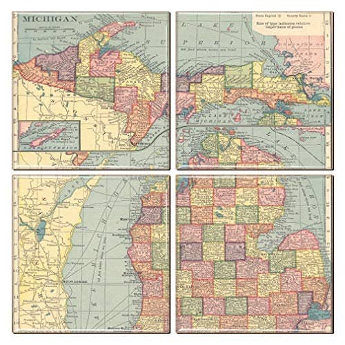 Michigan Coaster of Vintage Map (Set of 4) for wholesale by City Souvenirs