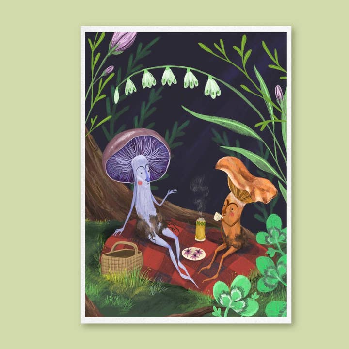 Art Print - Mushroom Picnic - Whimsical illustration, wall art for wholesale by Anna Seed Art