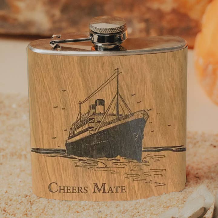 Wood Flask 6oz - Cheers Mate for wholesale by Spitfire Girl