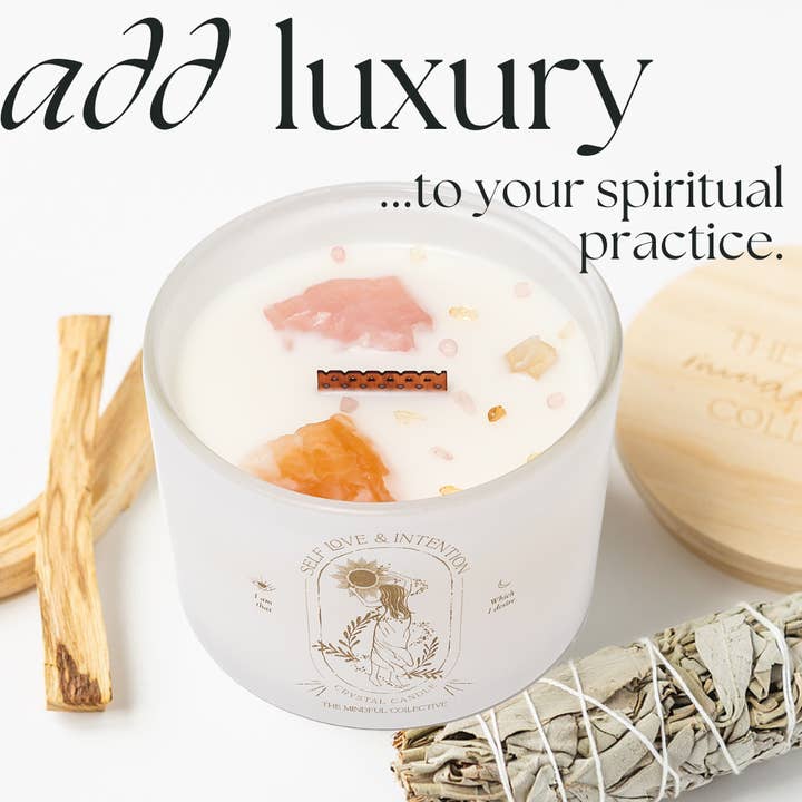 THE MINDFUL COLLECTIVE - Wholesale Jar/Filled Candle - Self Love & Intention Crystal Candle 12oz