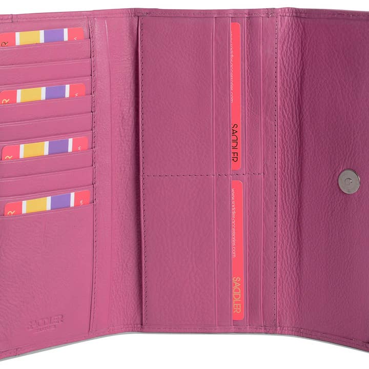 SADDLER – wholesale Wallet – Women's – SADDLER CLAIRE Long Leather Trifold Purse - 18 Card Slots, Dual Zip Pockets, and Note Sections - RFID Protected