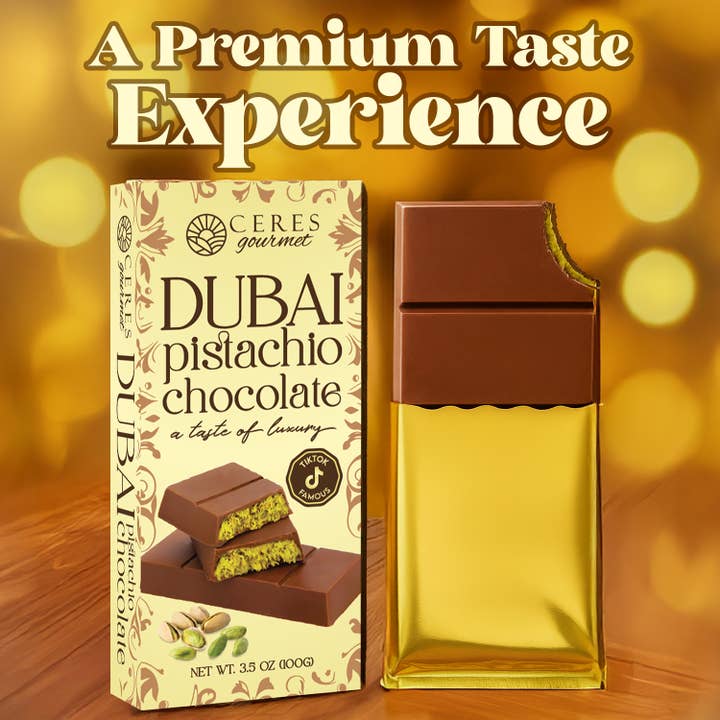 Ceres Gourmet - Wholesale Chocolate bar - Milk Dubai Chocolate Bar Pistachio & Gift-Ready Pack - 3.5oz1