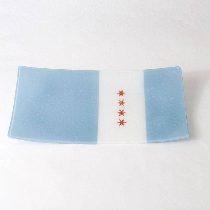 Kiku Handmade | Contemporary Fused Glass Home Goods - Wholesale Platter - Chicago Flag Fused Glass 15" Long Platter1