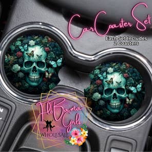 Ensemble de sous-verres pour voitures - Skull Teal & Butterfly pour la vente par FloBama Girls Wholesale