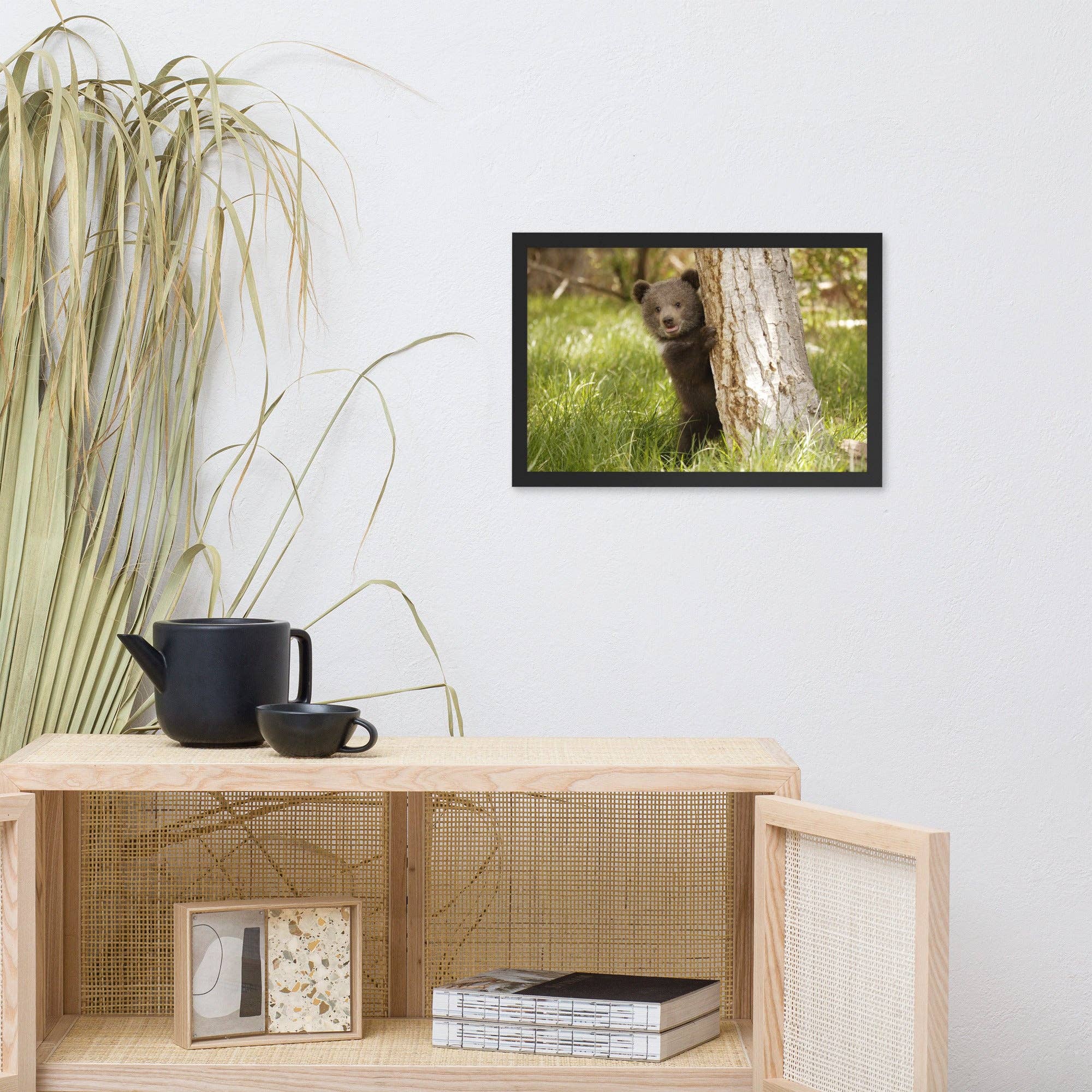 Pipa Wall Art & Home Decor - Wholesale Art Print - Cute Baby Grizzly Bear Cub Behind Tree In Meadow Framed Art2