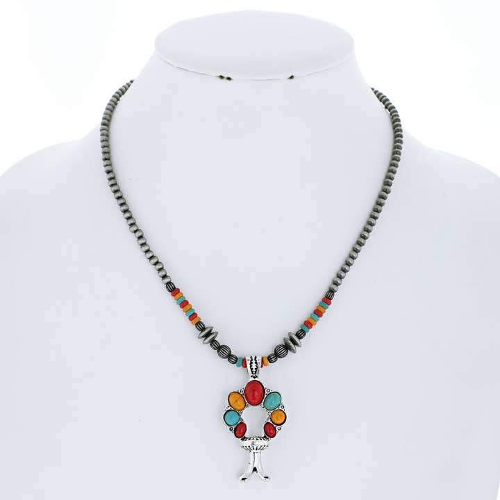 SP Sophia Collection - Wholesale Pendant/Charm Necklace - Western Semi Stone Squash Blossom Pendant Beaded Necklace
