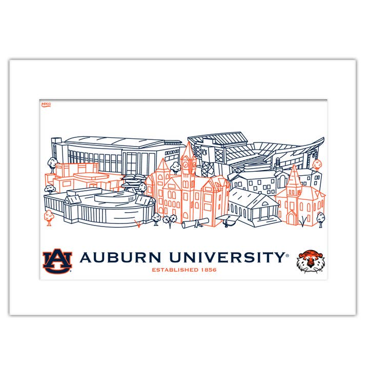 Auburn Tigers Matted Campus Line Wall Art 11" x 14" for wholesale by Indigo Falls