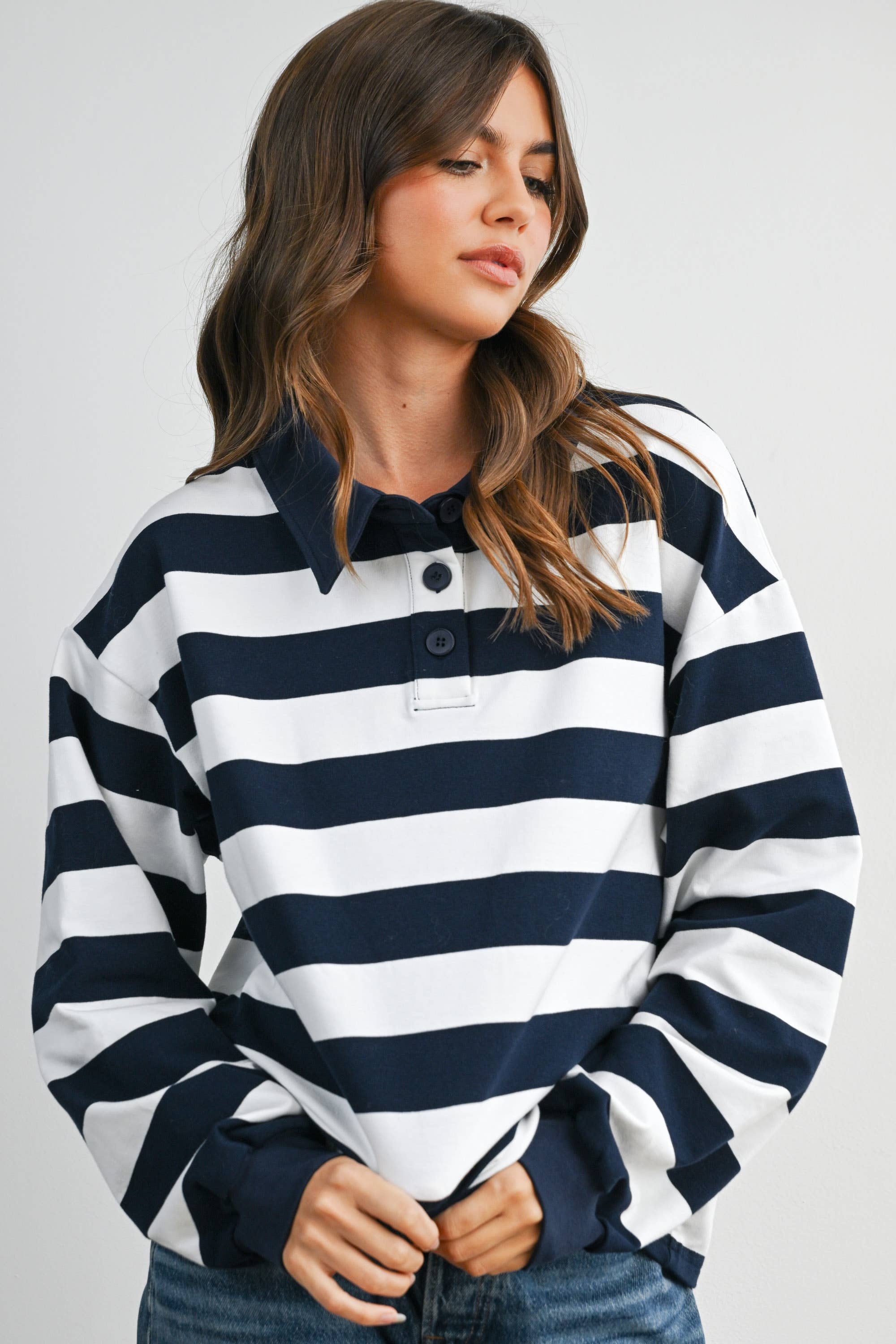 BUTTERMELON - Wholesale Sweatshirt - Women's - Striped Quarter-Buttoned Collared Sweatshirt - BMT80791