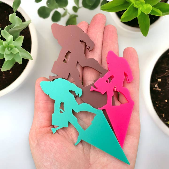 Bigfoot with watering can decorative plant stakes for wholesale by The Delightful Dabbler LLC