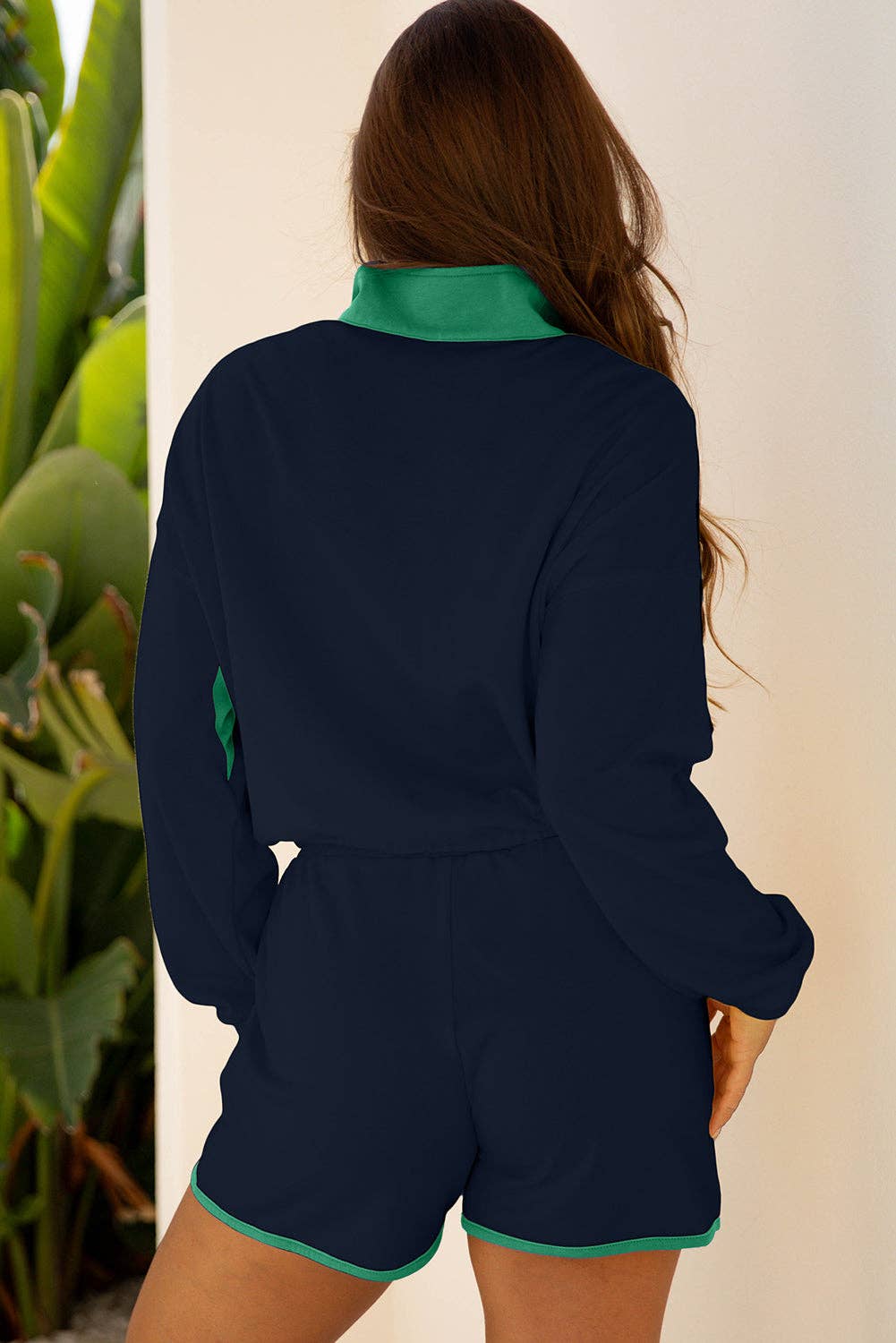 Azul Marino Conjunto de 2 piezas de jersey con media botonadura y pantalones cortos en patchwork de bloques de color azul marino. de venta al por mayor en Faire1