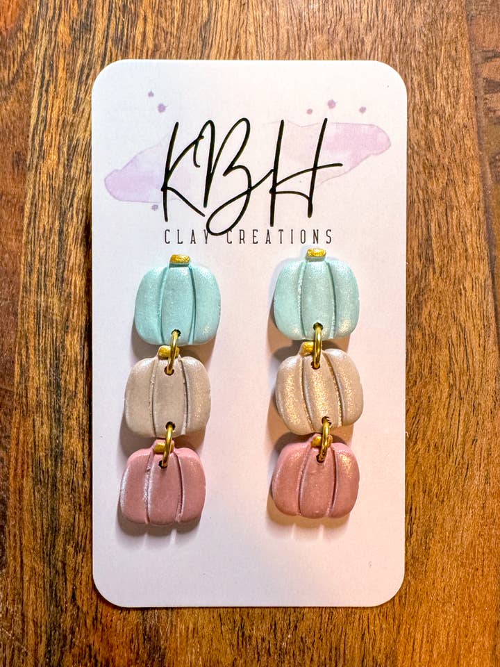Blue, Beige and Pink Pumpkin Dangle Clay Earrings for wholesale by KBH CREATIONS