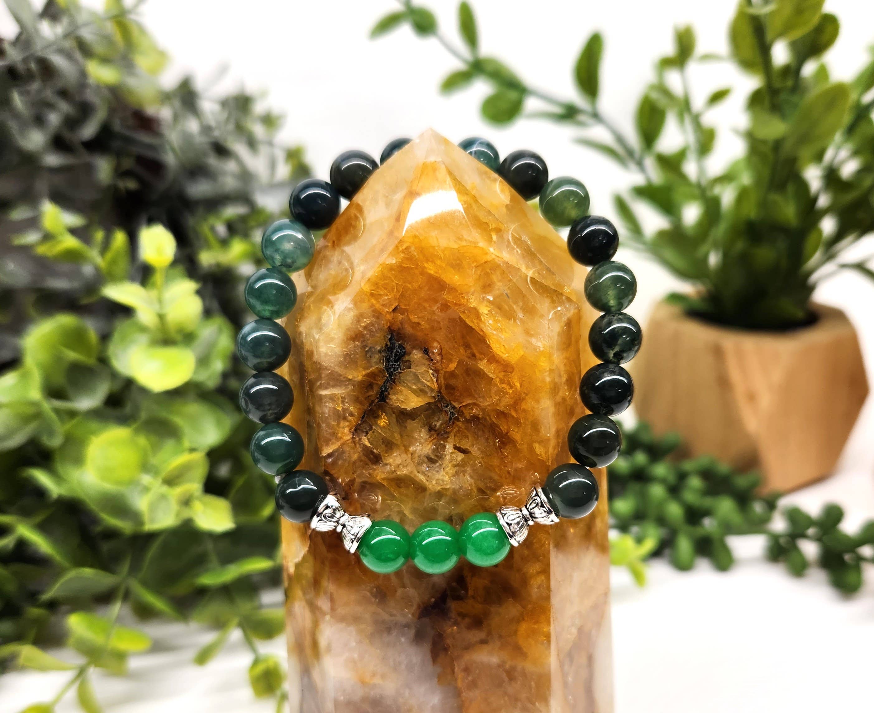 Meraki Gemstones – wholesale Pärlarmband – ABUNDANCE-armband med grön jade (center) och mossagat, 19 cm4