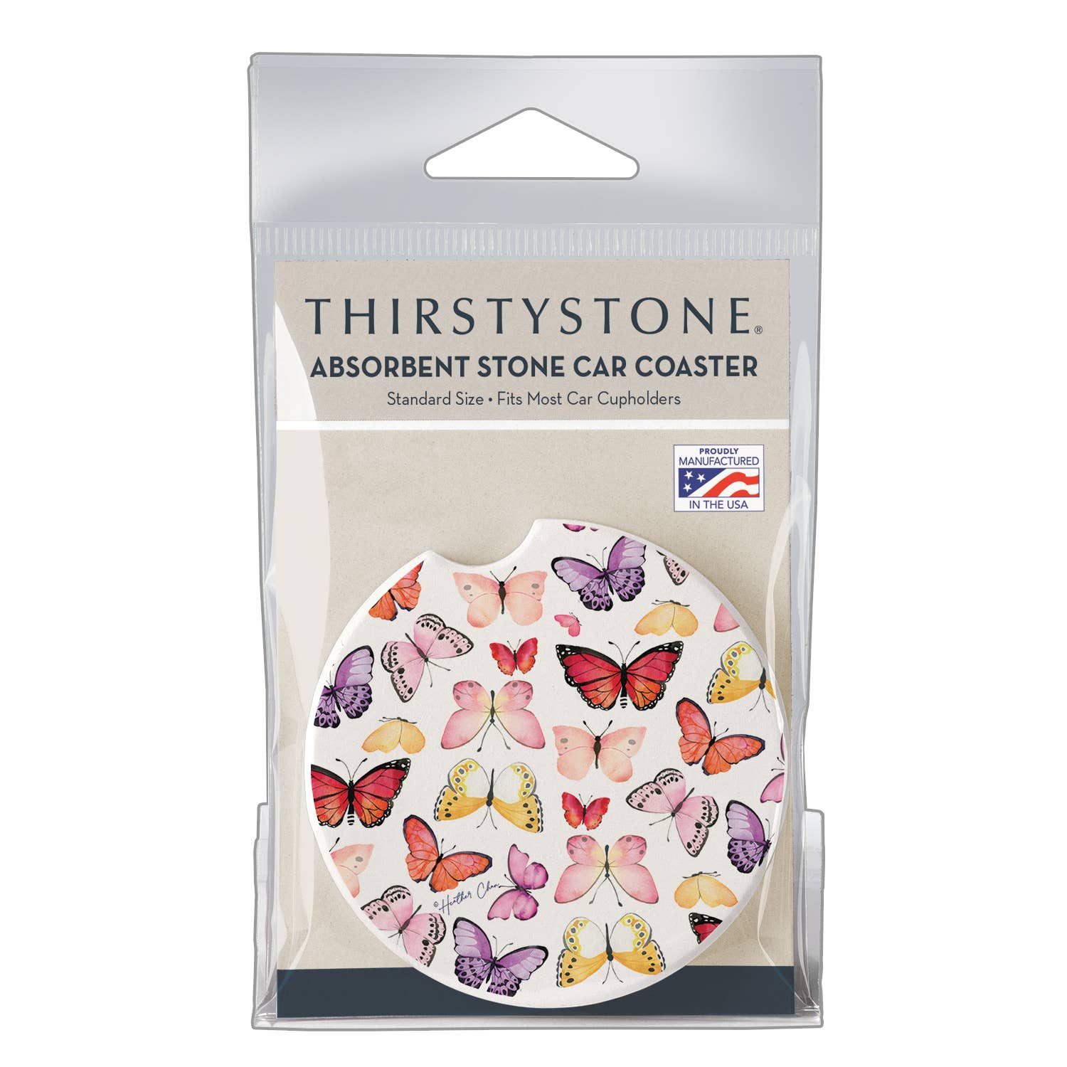 CounterArt/Highland Home/Thirstystone - Wholesale Car Coaster - Women's - "Watercolor Butterflies" Absorbent Stone Car Coaster 1pk1