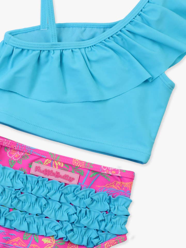 Rosa Flickor Neon Island Time Enaxlad Volang Tankini 2-delad Baddräkt med Signatur Bakvolanger för wholesale på Faire
