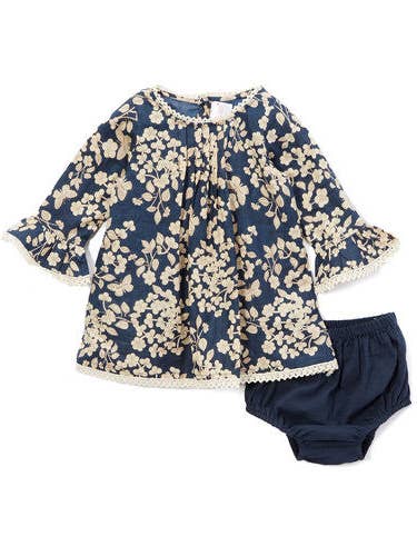 Navy Cherry Blossom Inspired Box Pleat Lace Detail Infant Dress : Infant : Baby for wholesale by Yo Baby