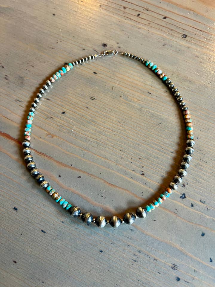 20” Sterling Pearl and Orange Spiny Mojave Copper and Turquoise Beads for wholesale by Indian Creek Mercantile