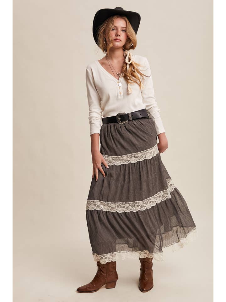 Listicle - Wholesale Skirt - Women's - Tiered Lace-Trim Maxi Skirt LSK027023