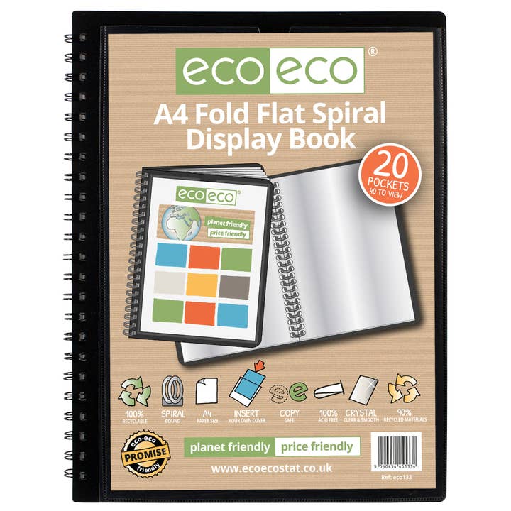 A4 90% recyceltes 20-Taschen-Falt-Flach-Spiral-Display-Buch für den Großhandel von eco-eco Stationery Ltd