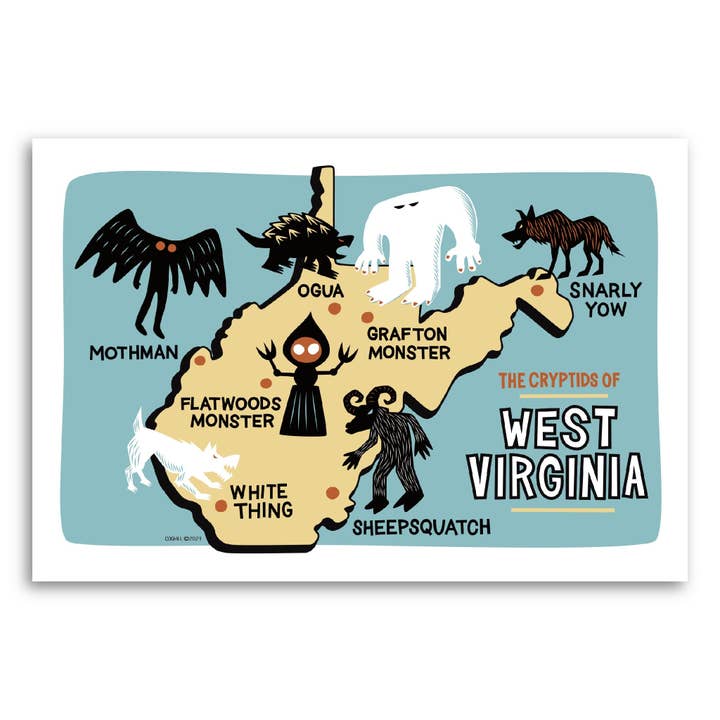 West Virginia Cryptids Map | 6x9 print for wholesale by Monsterologist