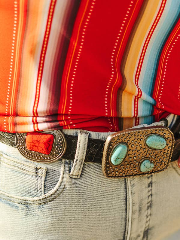 Black Tooled Genuine Leather Turquoise Red Stone Concho Belt for wholesale by LUCKY & BLESSED
