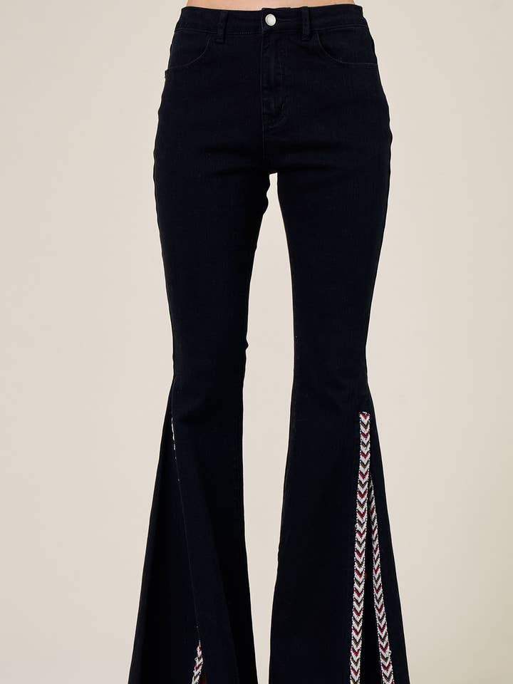SIP6230B BLACK WESTERN STYLE SIDE TRIM TAPE DOWN DENIM FLARE for wholesale by Saints & Hearts