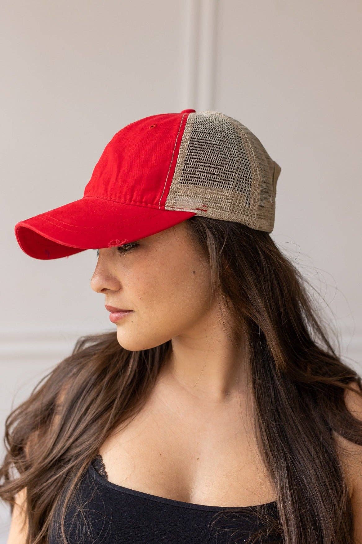 Red High Ponytail Hat with Beige Mesh for wholesale on Faire4