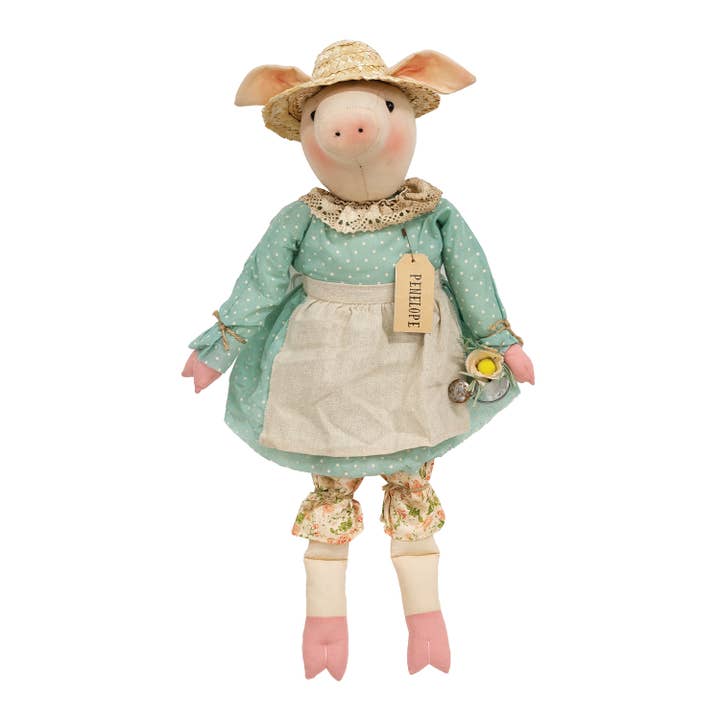 Penelope Schweinepuppe mit Gießkanne für den Großhandel von The Hearthside Collection