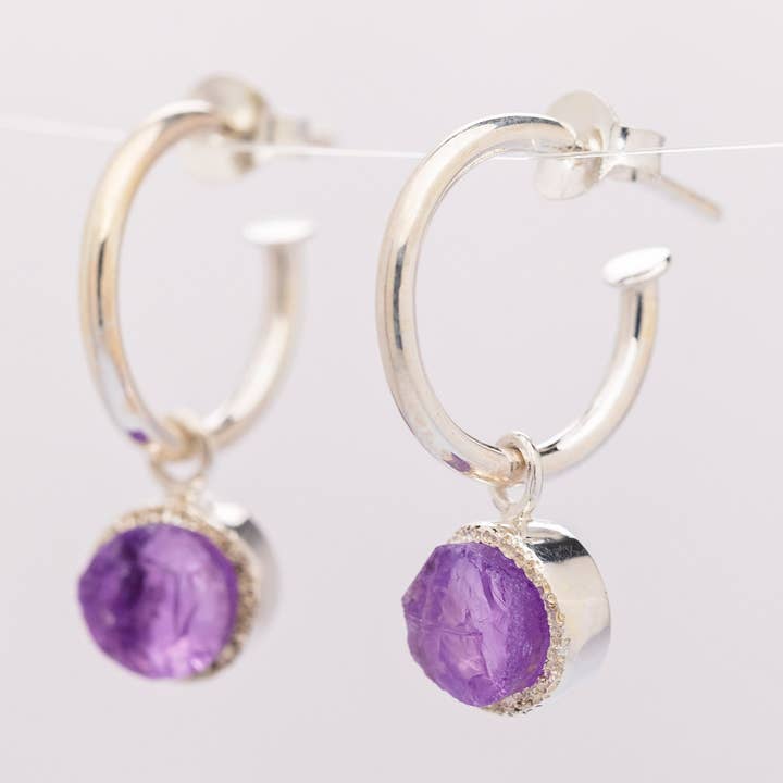 Amethyst Charm Hoop Earrings, Raw Crystal Gemstone - ida for wholesale by Koko