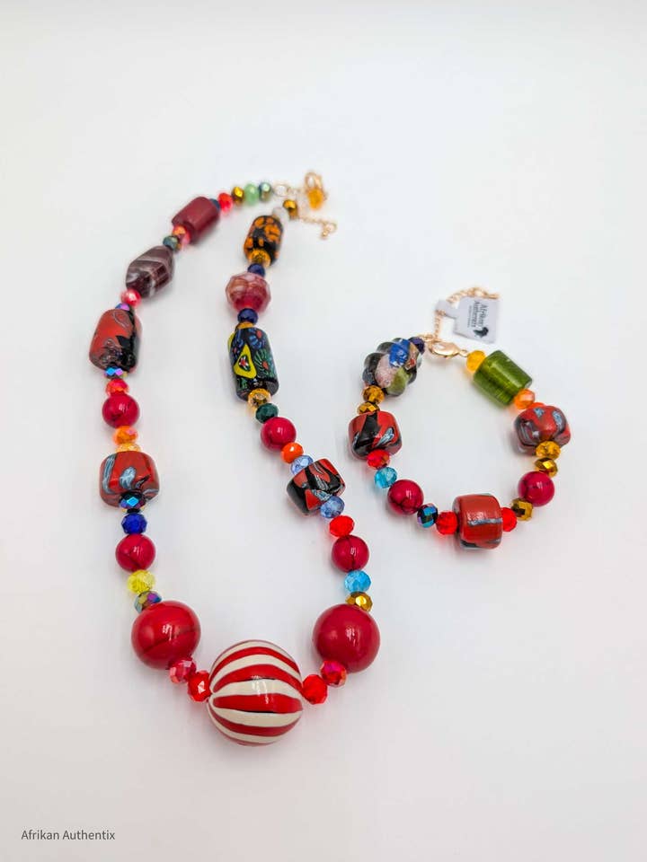 Chunky African Beaded Necklace & Bracelet Set / Red for wholesale by Afrikan Authentix