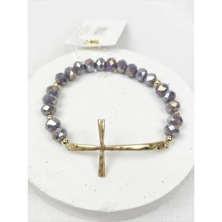 Love and Repeat - Wholesale Beaded Bracelet - Hammered Cross Crystal Mix Beads Bracelet