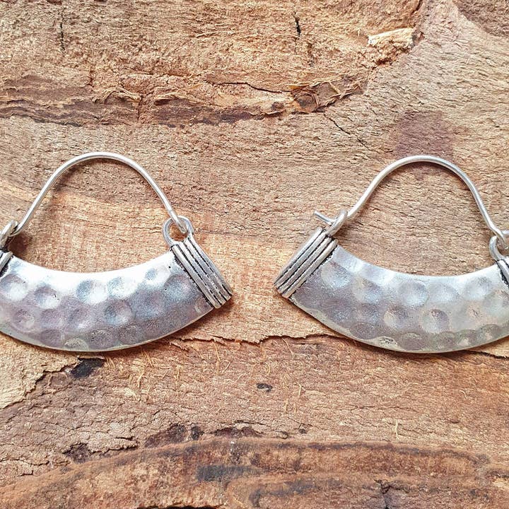 Mini Ear Weights Aztec Inca Hammered Silver Earrings; Ethnic, Geometric, rustic, yoga, hippie, gypsy, pretty, psy, boho, bohemian, festival for wholesale by Kaali Boutique