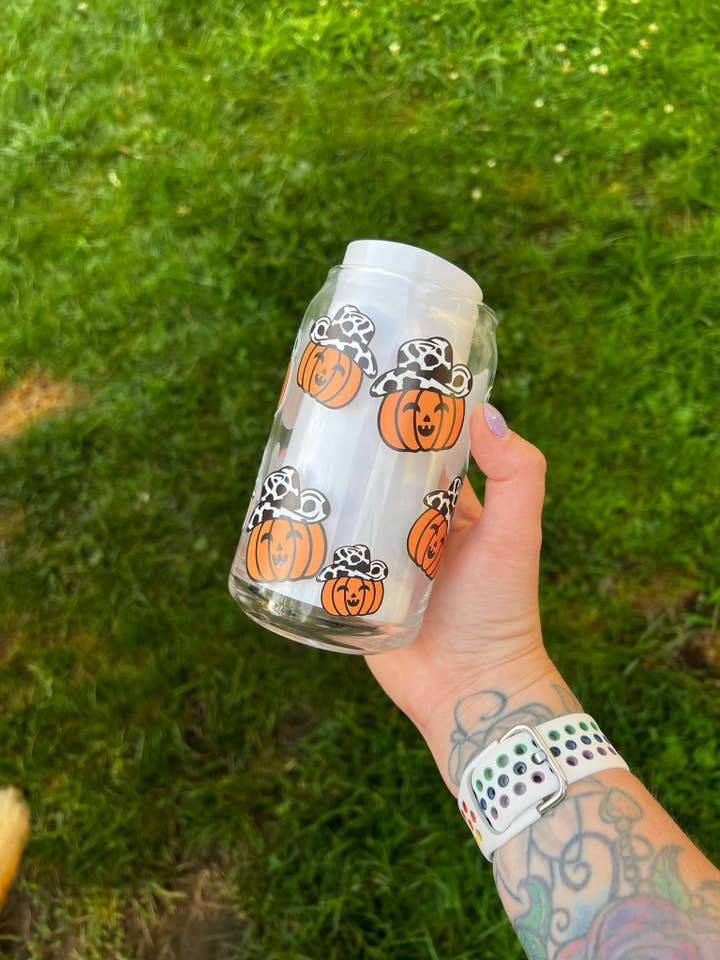 Pumpkin Cowboy Hat Libbey Can Glass for wholesale by The Crazy Craft Girl LLC