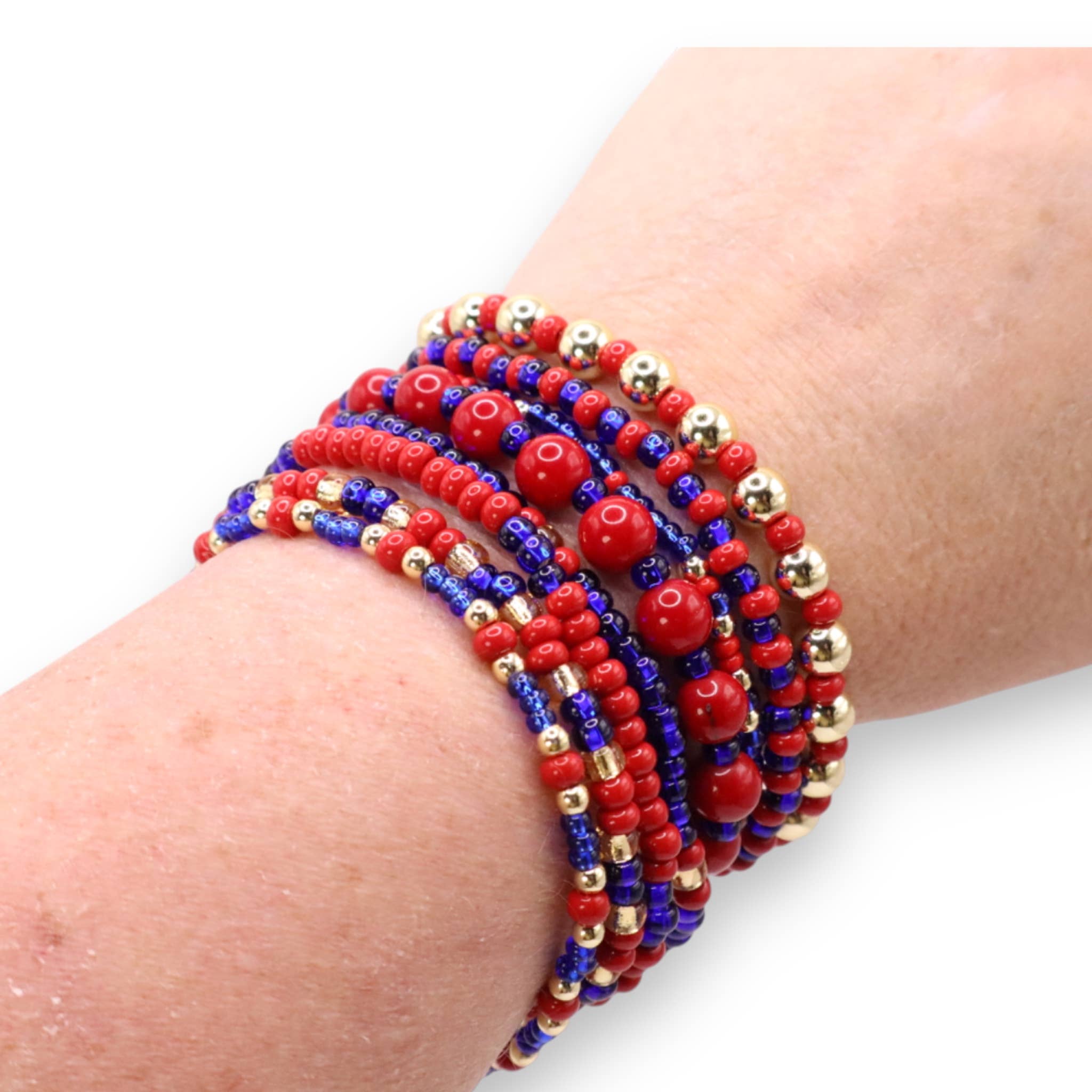 Fish Towne Designs, LLC - Wholesale Jewelry Set - Red and Blue Game Day Seed Bead Bracelet Stack Set of 81