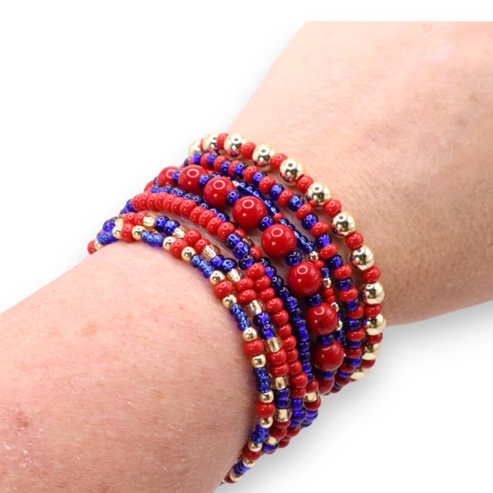 Fish Towne Designs, LLC - Wholesale Jewelry Set - Red and Blue Game Day Seed Bead Bracelet Stack Set of 81