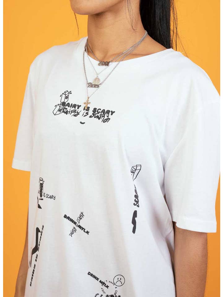 Plant Faced Clothing - Wholesale Screen printed t-shirt – unisex - Dairy Is Scary Graffiti Collage Print - White T-Shirt2