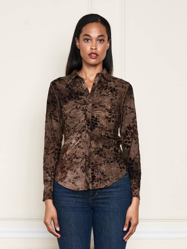 Brown 5700-MAT Flocked ITY Skinny Long Sleeve Ruched Shirt for wholesale on Faire1