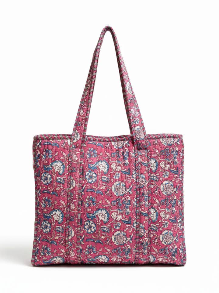 Quilted Cotton Zipper Tote, Pink & Blue Bloom for wholesale by NIBI MTK