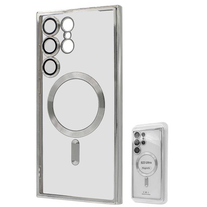 Custodia in TPU S23 Ultra con magnete metallico all'ingrosso argento per la vendita all'ingrosso da parte di Mighty Wireless